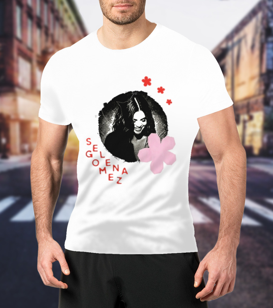 Selena Gomez Smile With Pink Paper Flower And Red T-Shirt