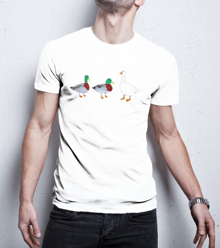 Two Mallard Ducks And A White Goose Duck Wildlife Scene T-Shirt