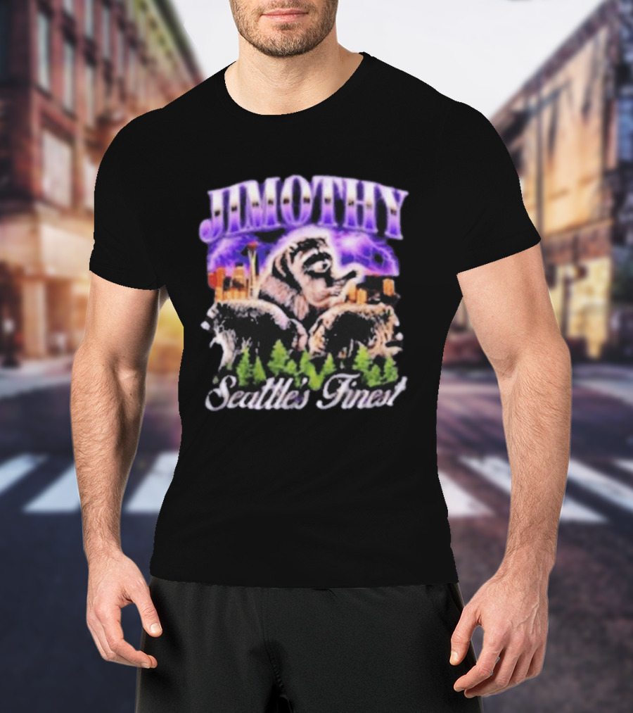 Jimothy Raccoon Seattle Skyline Adventure Forest Scene T-Shirt