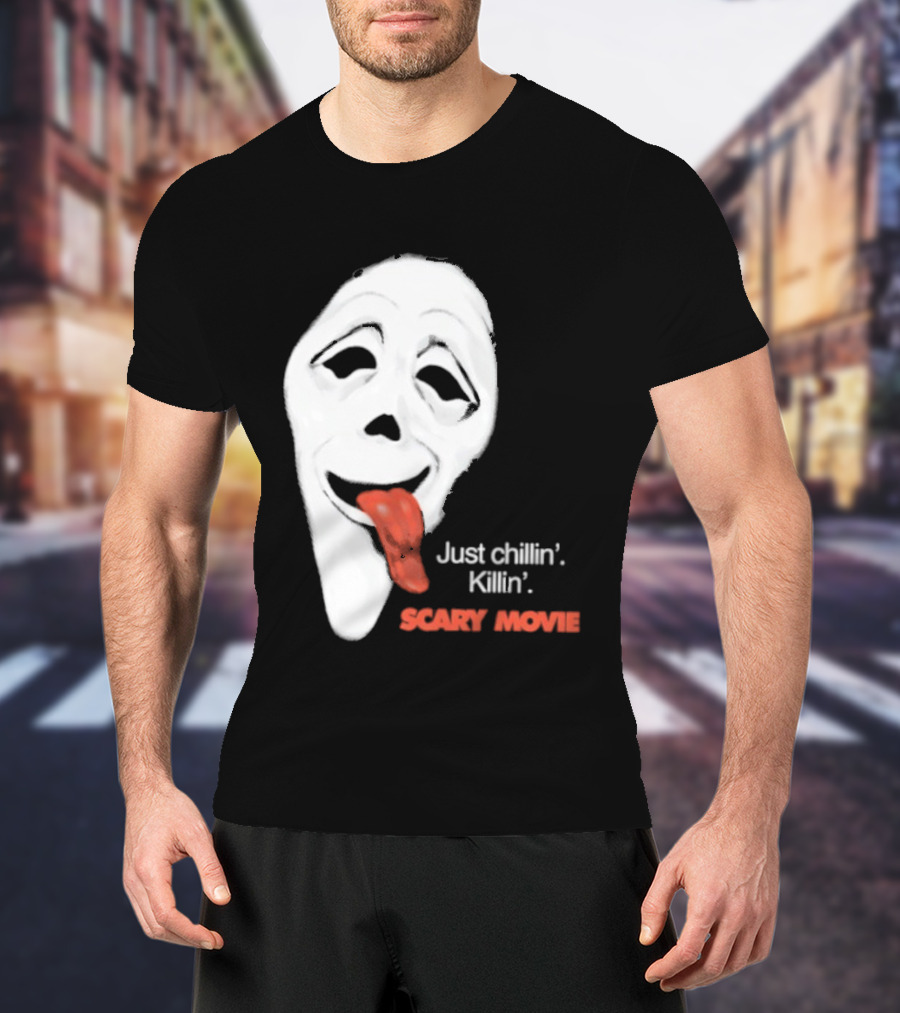 Just Chillin' Killin' Scary Movie Ghostface Mask With Red Tongue T-Shirt