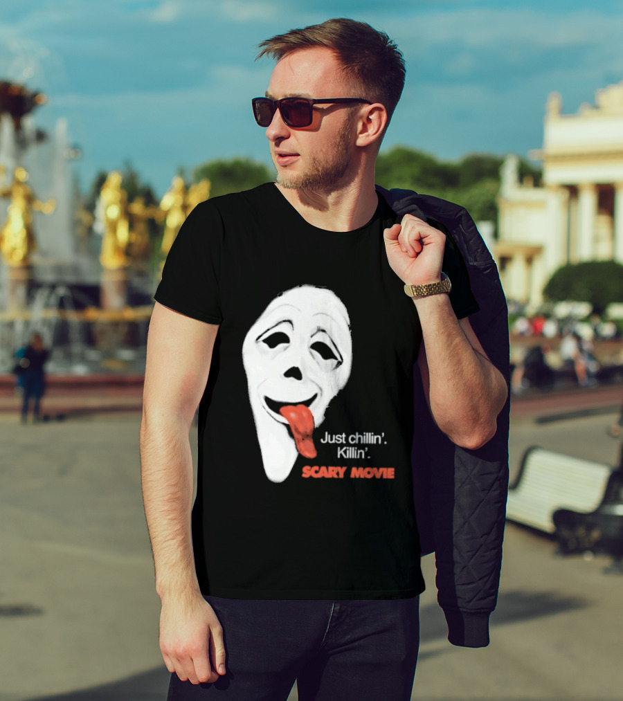 Just Chillin' Killin' Scary Movie Ghostface Mask With Red Tongue T-Shirt