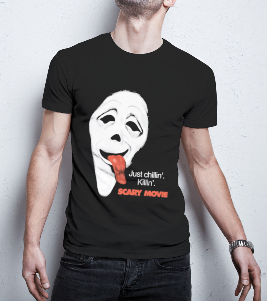 Just Chillin' Killin' Scary Movie Ghostface Mask With Red Tongue T-Shirt