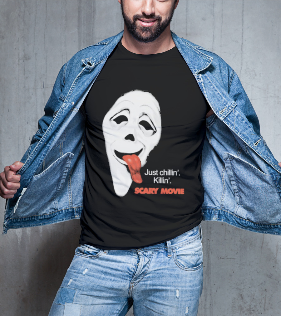 Just Chillin' Killin' Scary Movie Ghostface Mask With Red Tongue T-Shirt