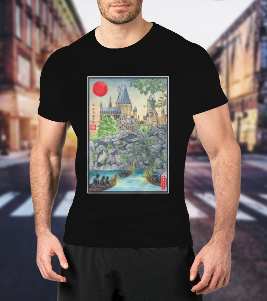 Hogwarts School Of Witchcraft And Wizardry Japanese Ukiyo E Style Castle With Boats And Red Sun T-Shirt