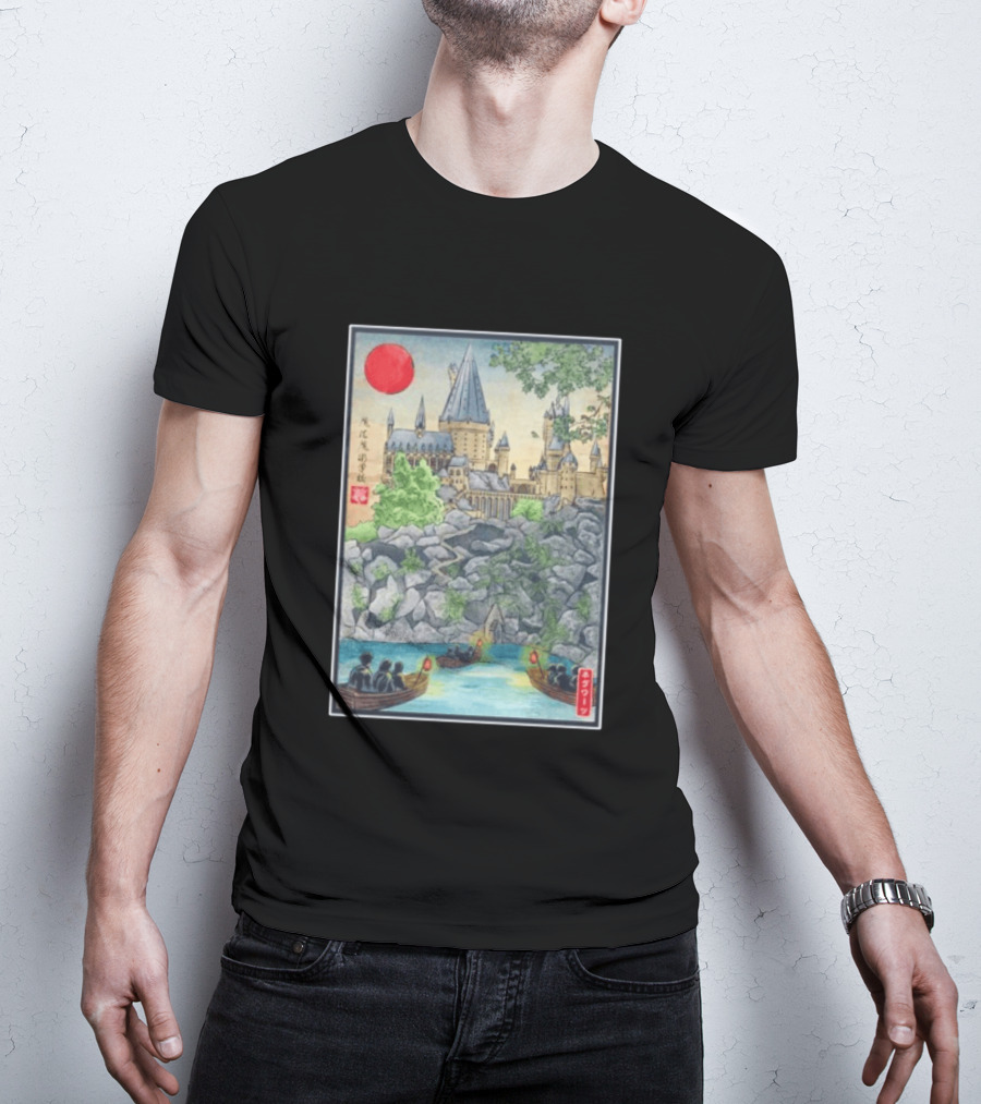 Hogwarts School Of Witchcraft And Wizardry Japanese Ukiyo E Style Castle With Boats And Red Sun T-Shirt