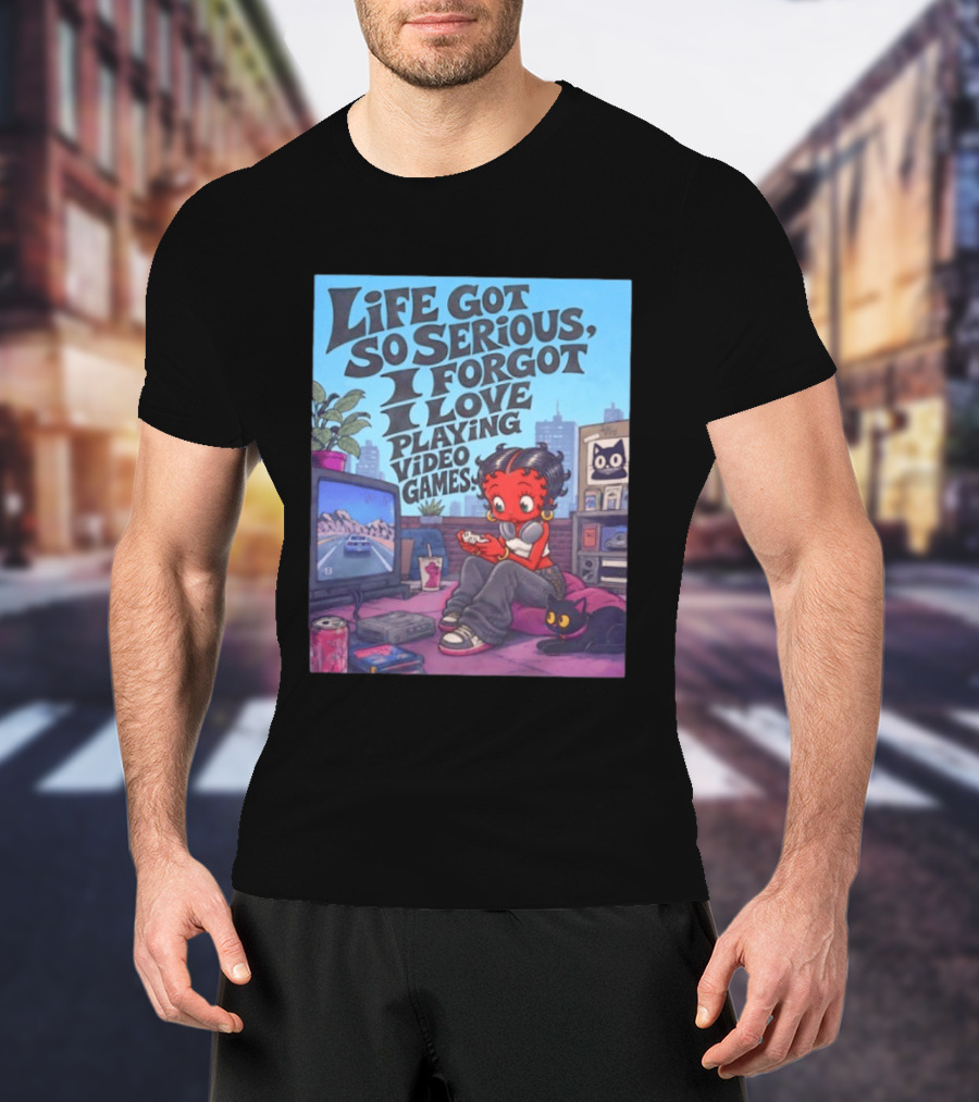 Life Got So Serious I Forgot I Love Playing Video Games City Room Scene Retro Character And Cat T-Shirt