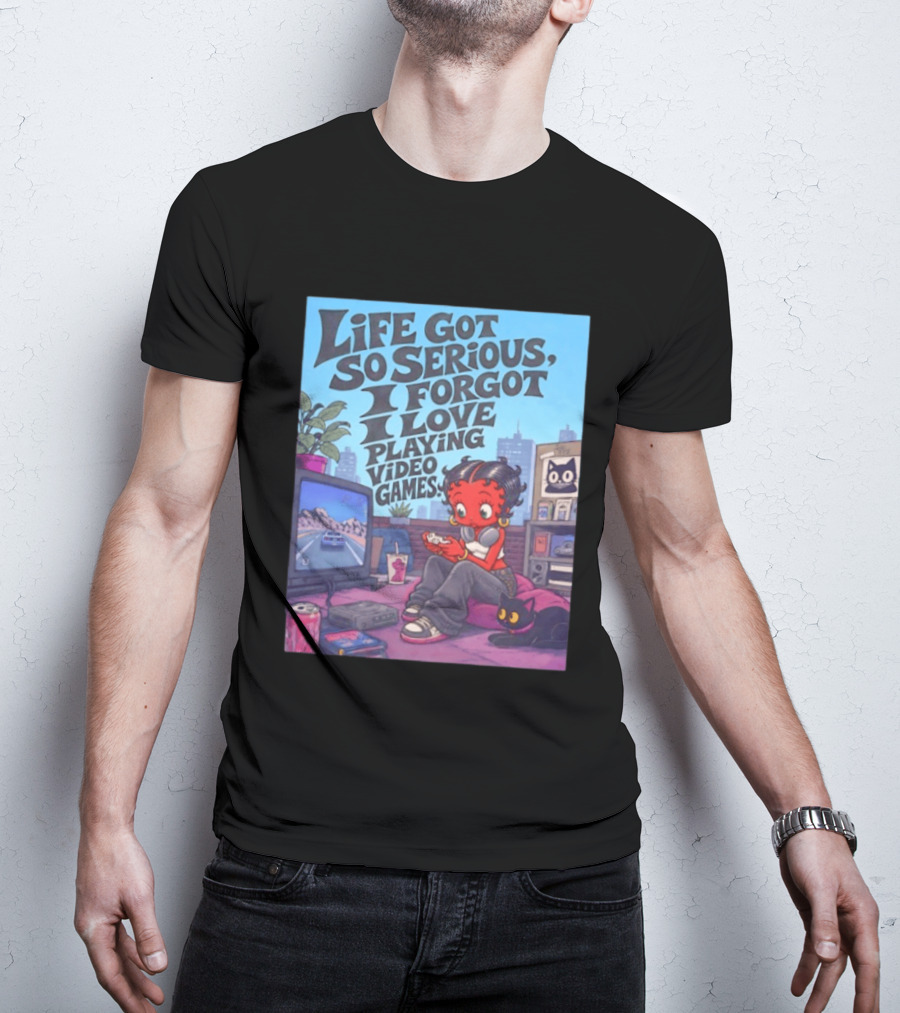 Life Got So Serious I Forgot I Love Playing Video Games City Room Scene Retro Character And Cat T-Shirt