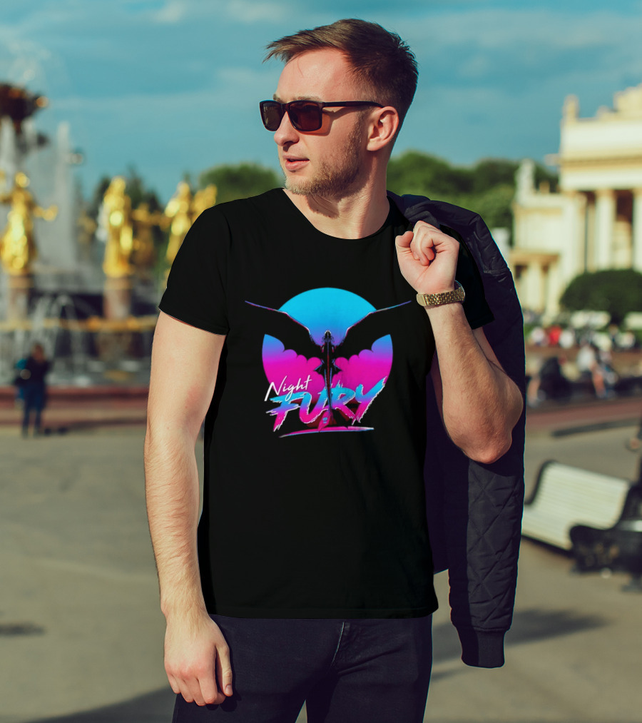 Night Fury Dragon Silhouette Neon Blue And Pink T-Shirt