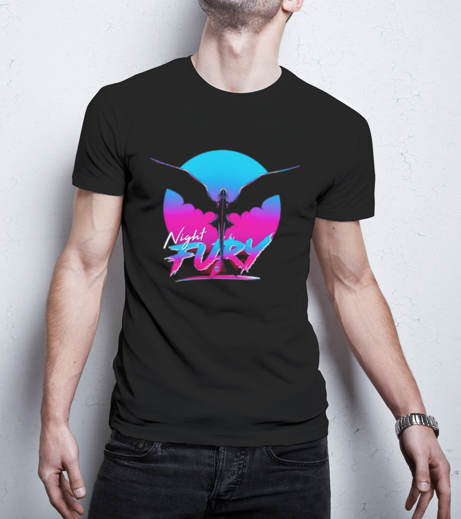 Night Fury Dragon Silhouette Neon Blue And Pink T-Shirt