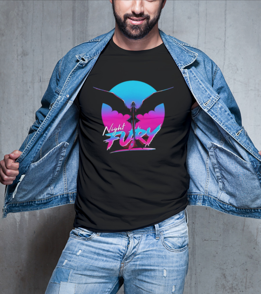 Night Fury Dragon Silhouette Neon Blue And Pink T-Shirt