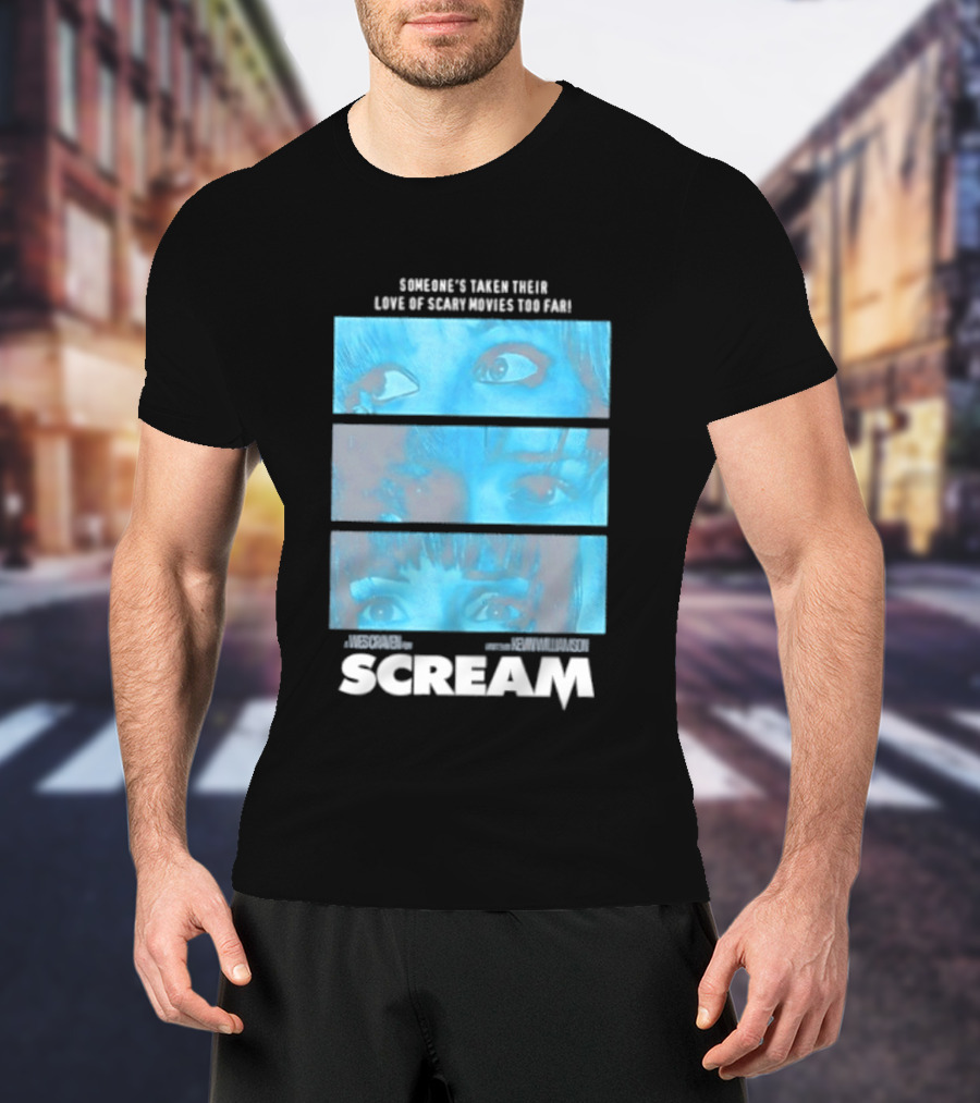 Someone's Taken Their Love Of Scary Movies Too Far Scream Eyes Dramatic Blue Panels T-Shirt