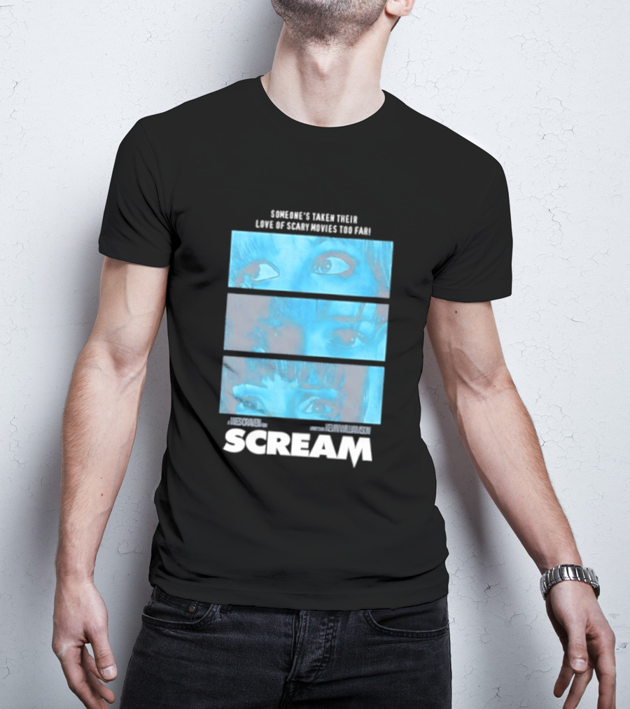 Someone's Taken Their Love Of Scary Movies Too Far Scream Eyes Dramatic Blue Panels T-Shirt