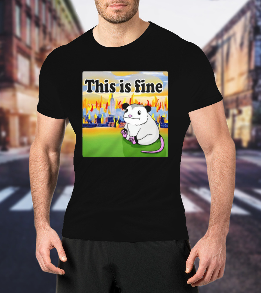 This Is Fine Opossum New York City NYC Urban Skyline Flames T-Shirt