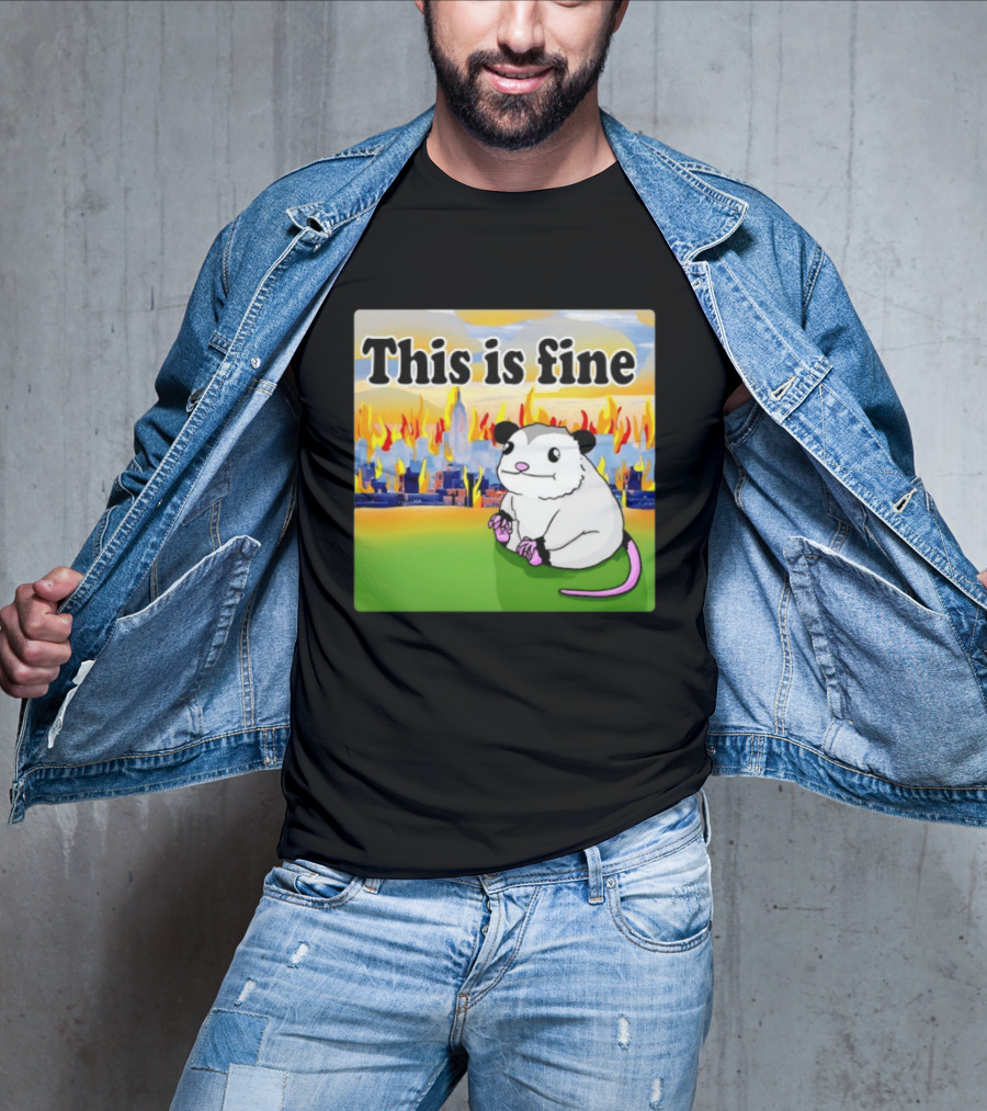 This Is Fine Opossum New York City NYC Urban Skyline Flames T-Shirt
