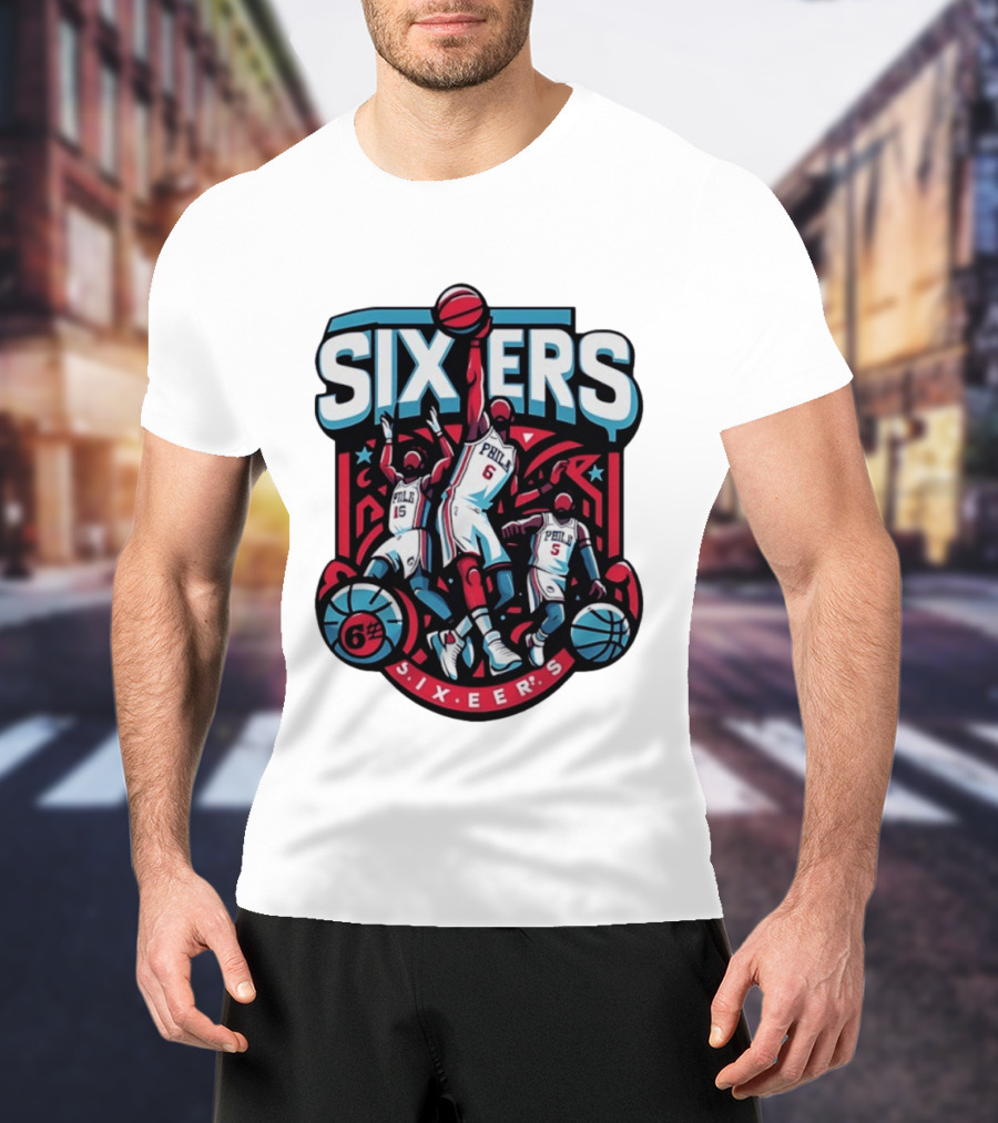 Philadelphia Sixers 2026 NBA Collage Featuring Number 6 Phila Basketball Player T-Shirt
