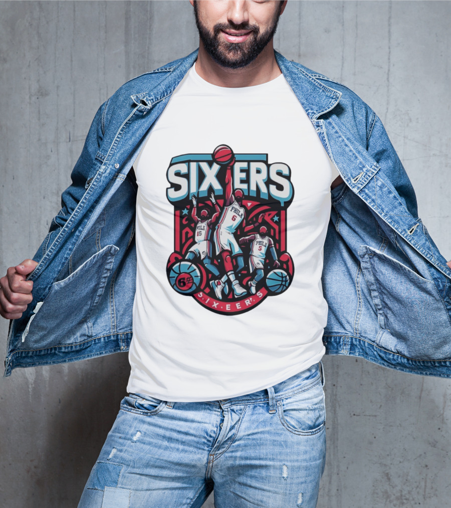 Philadelphia Sixers 2026 NBA Collage Featuring Number 6 Phila Basketball Player T-Shirt