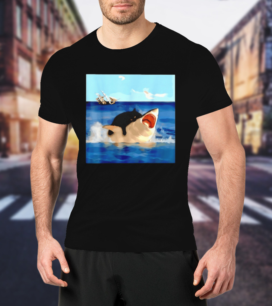 Black Cat Riding Great White Shark With Ocean And Sailing Ship T-Shirt