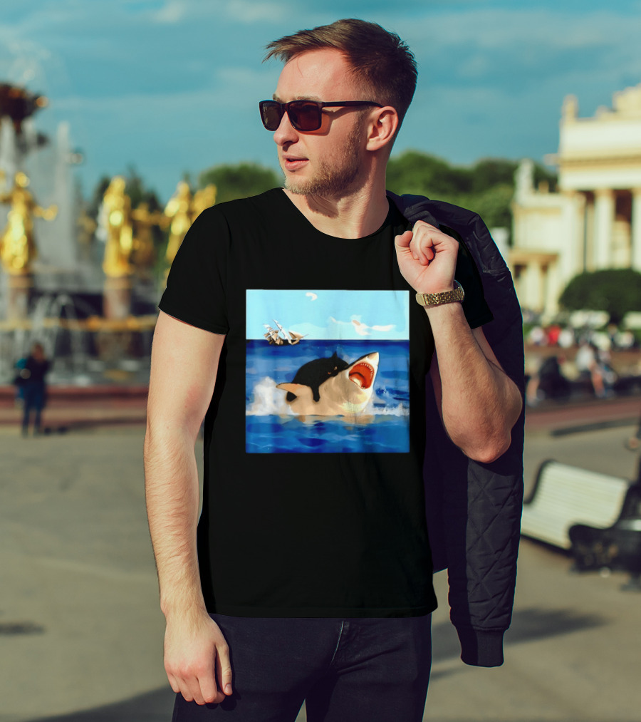 Black Cat Riding Great White Shark With Ocean And Sailing Ship T-Shirt