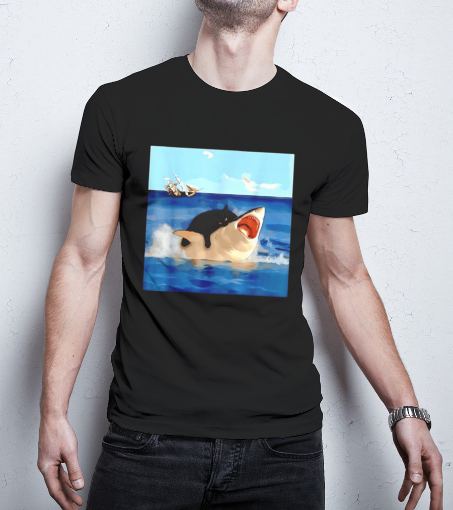 Black Cat Riding Great White Shark With Ocean And Sailing Ship T-Shirt