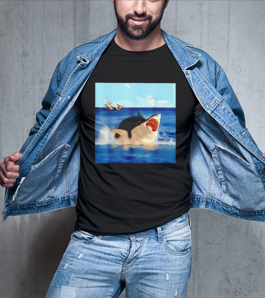 Black Cat Riding Great White Shark With Ocean And Sailing Ship T-Shirt