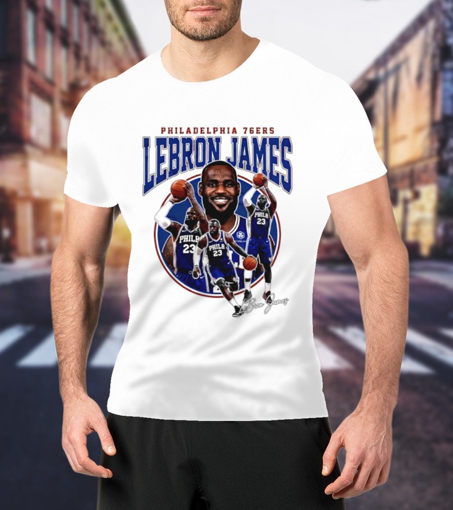 Philadelphia 76ers LeBron James Blue Jersey Player Collage T-Shirt
