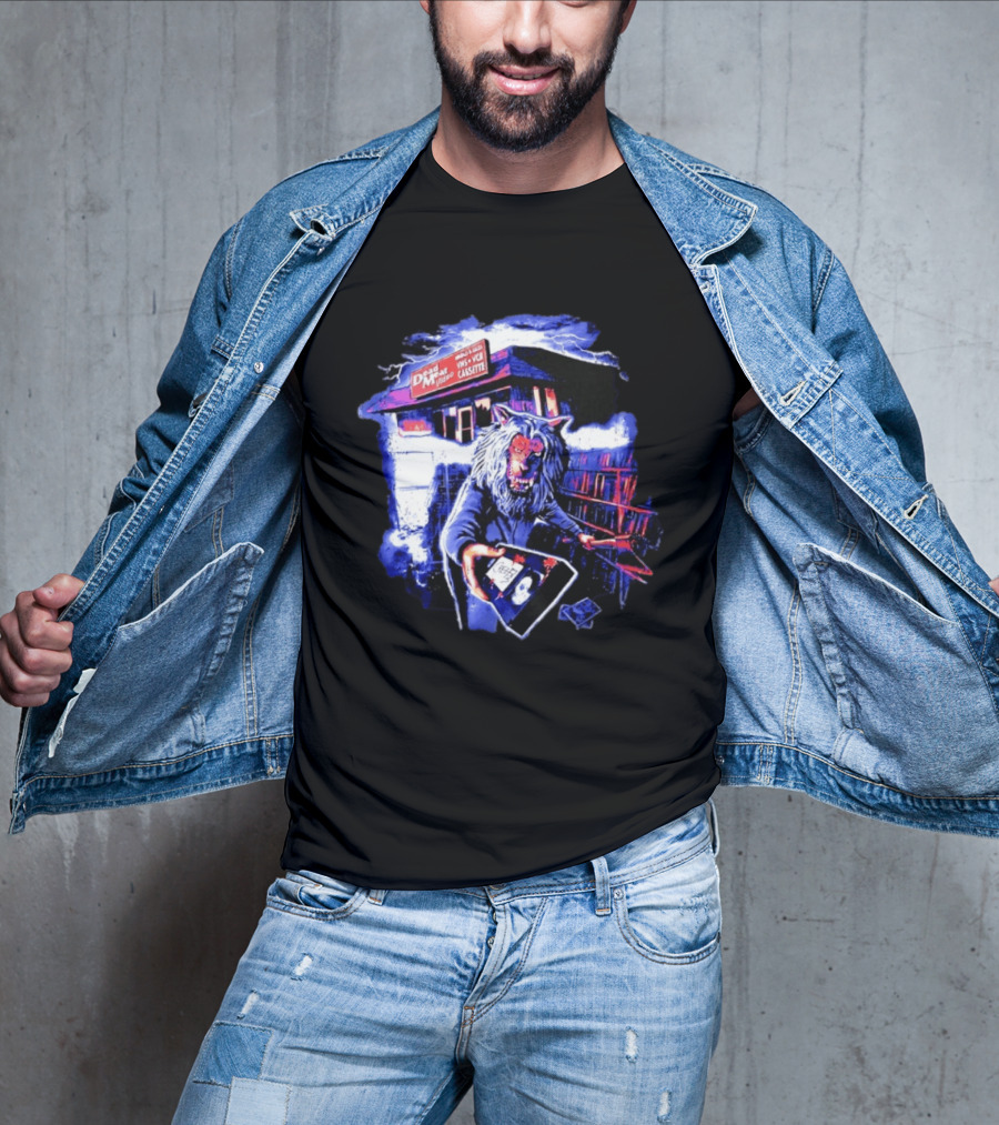 Dead Meat Video Rentals And Sales VHS VCR Cassette Wolf Horror Shop Scene T-Shirt