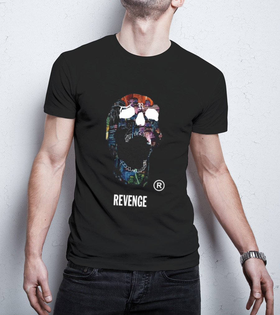 Revenge Neon Skull Cityscape Lights Black T-Shirt