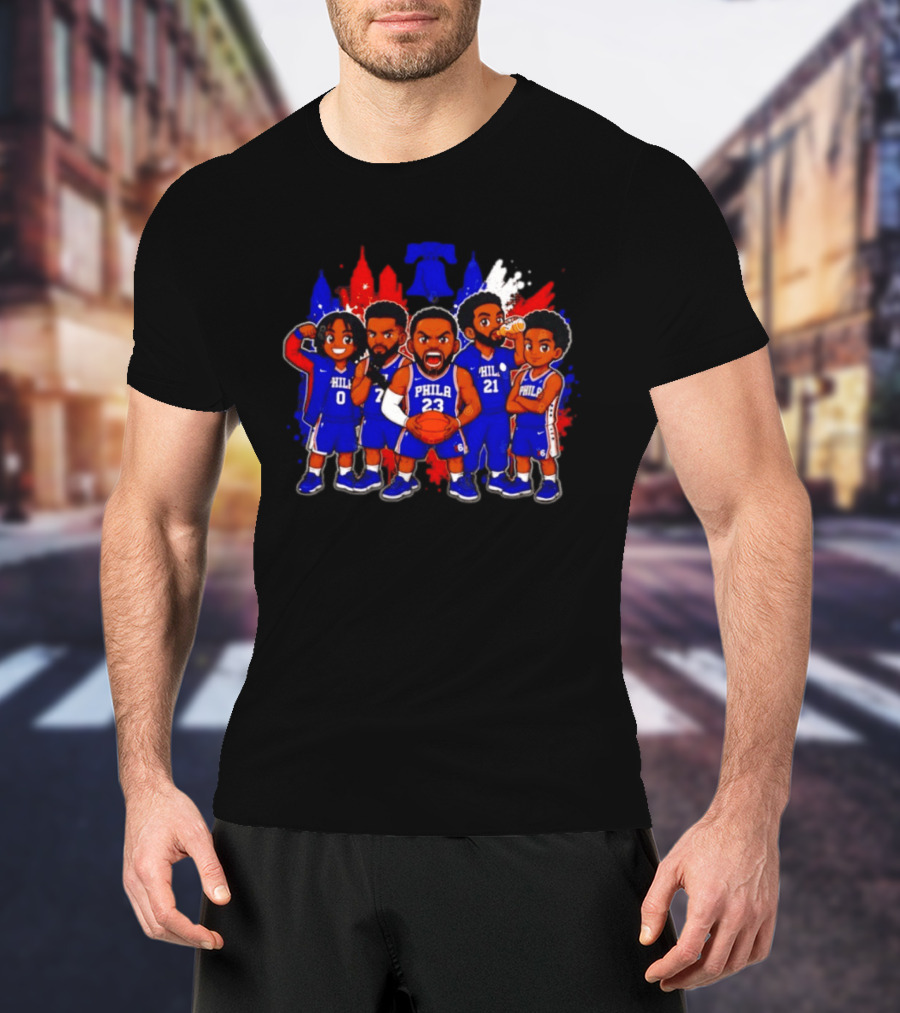 Philadelphia 76ers Cartoon Players With Liberty Bell Skyline T-Shirt