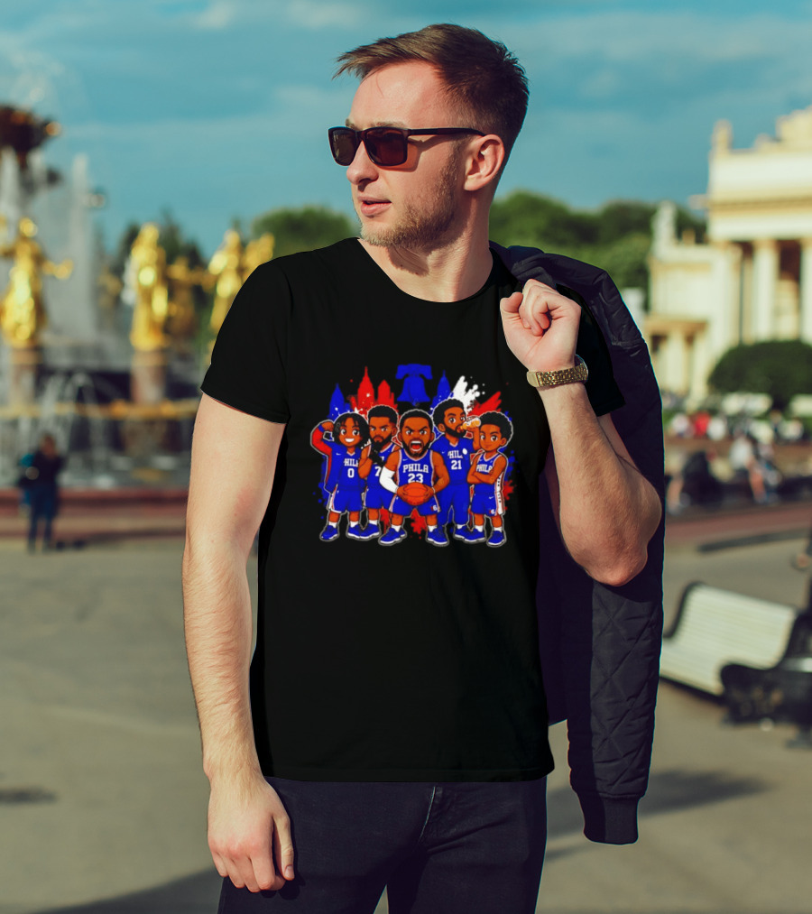 Philadelphia 76ers Cartoon Players With Liberty Bell Skyline T-Shirt