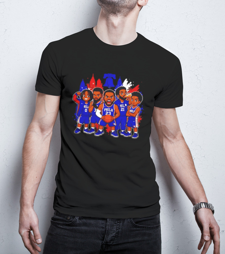 Philadelphia 76ers Cartoon Players With Liberty Bell Skyline T-Shirt