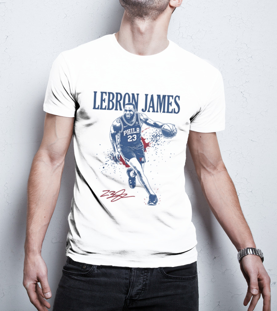 LeBron James 23 Philly Basketball Blue And Red Splash T-Shirt