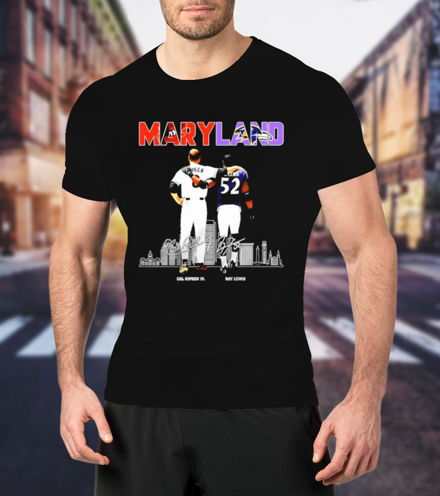 Maryland Cal Ripken Jr 8 Baltimore Orioles Ray Lewis 52 Baltimore Ravens Skyline T-Shirt