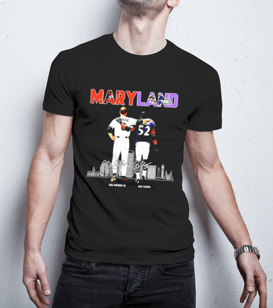 Maryland Cal Ripken Jr 8 Baltimore Orioles Ray Lewis 52 Baltimore Ravens Skyline T-Shirt