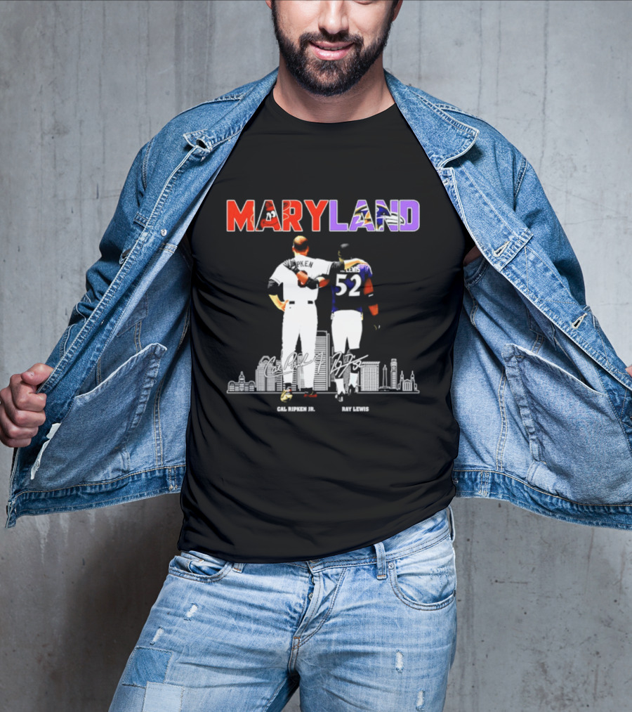 Maryland Cal Ripken Jr 8 Baltimore Orioles Ray Lewis 52 Baltimore Ravens Skyline T-Shirt