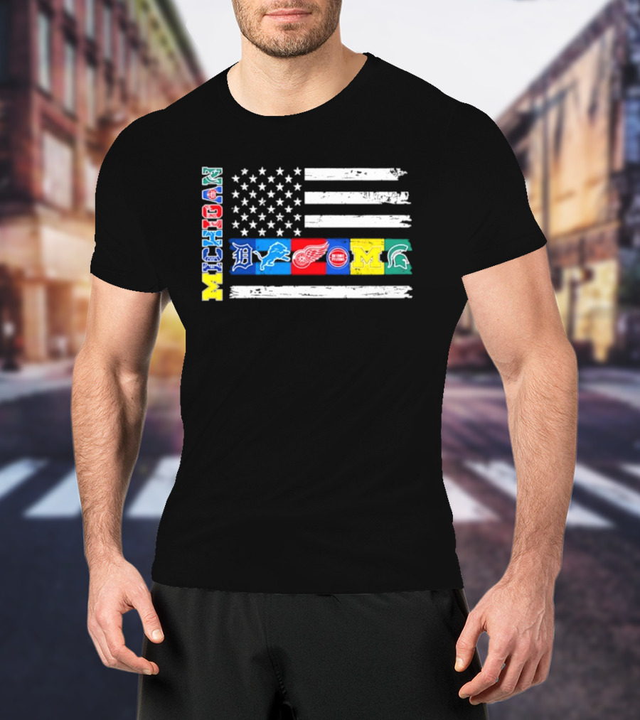 Michigan Detroit Tigers Lions Red Wings Pistons Wolverines Spartans Flag Sports Team Pride T-Shirt