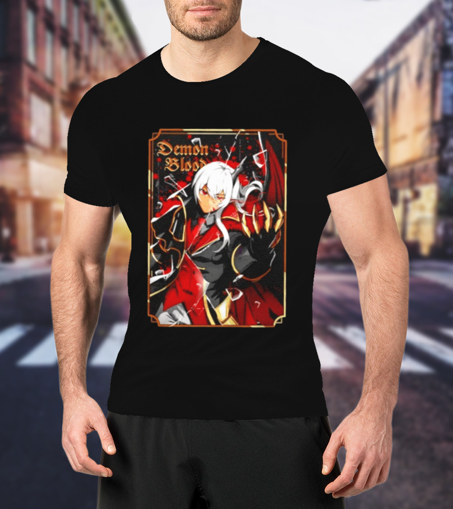 Demon Blood Anime Fantasy Dark Character Design With White Hair And Red Accents T-Shirt