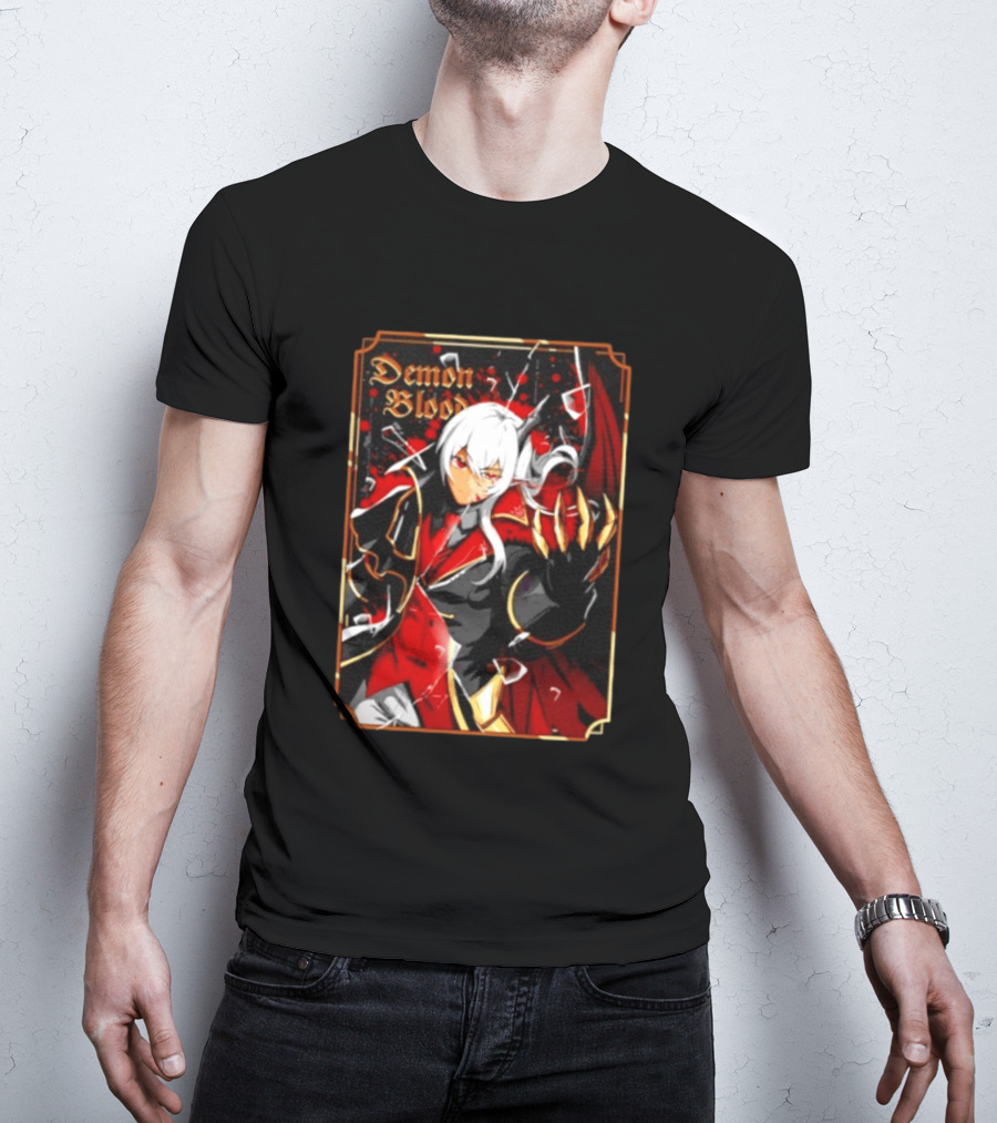 Demon Blood Anime Fantasy Dark Character Design With White Hair And Red Accents T-Shirt