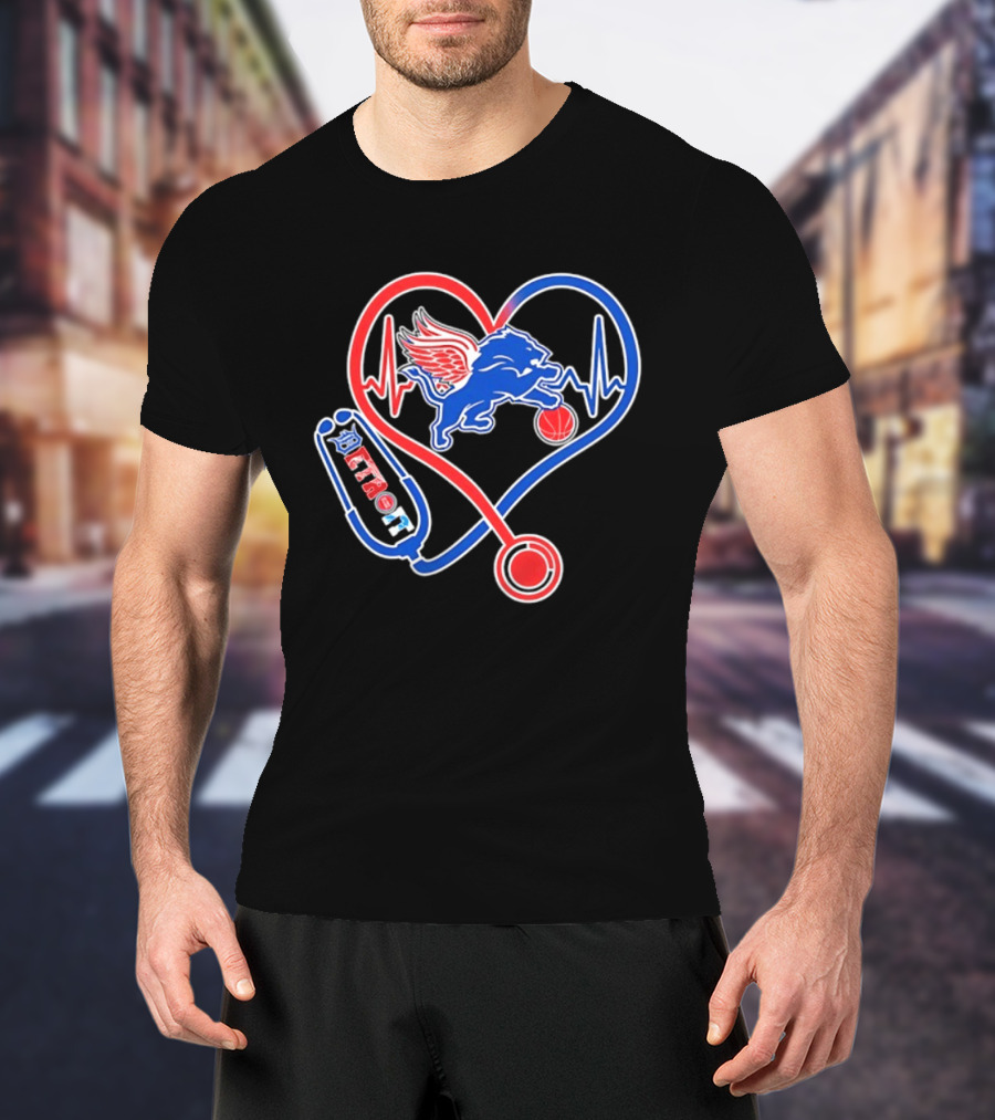 Detroit Heartbeat Stethoscope Lion Playing Basketball T-Shirt
