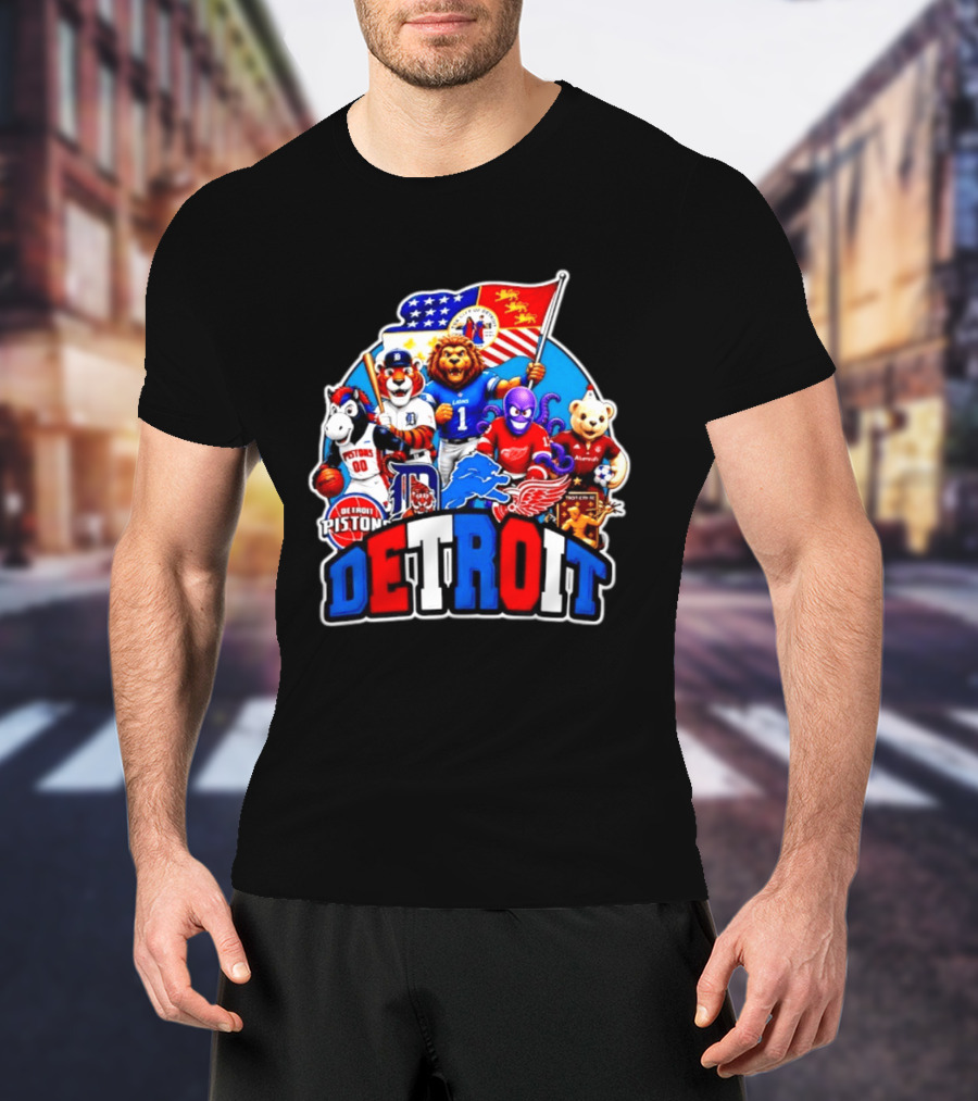 Detroit Lions Tigers Pistons Red Wings Mascots With Flag T-Shirt
