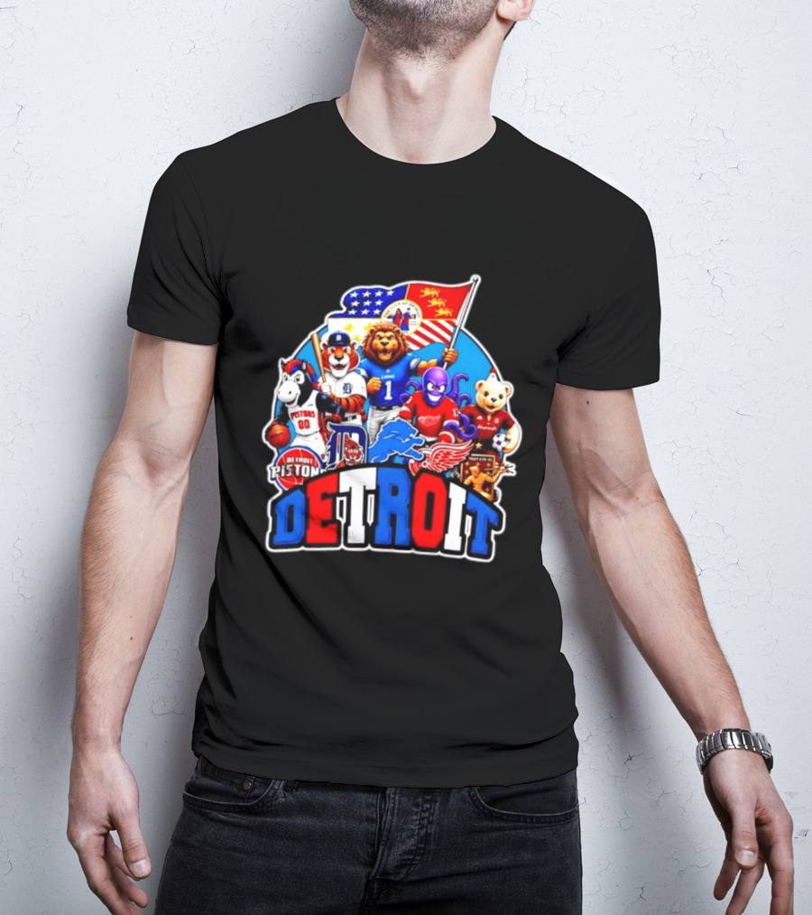 Detroit Lions Tigers Pistons Red Wings Mascots With Flag T-Shirt
