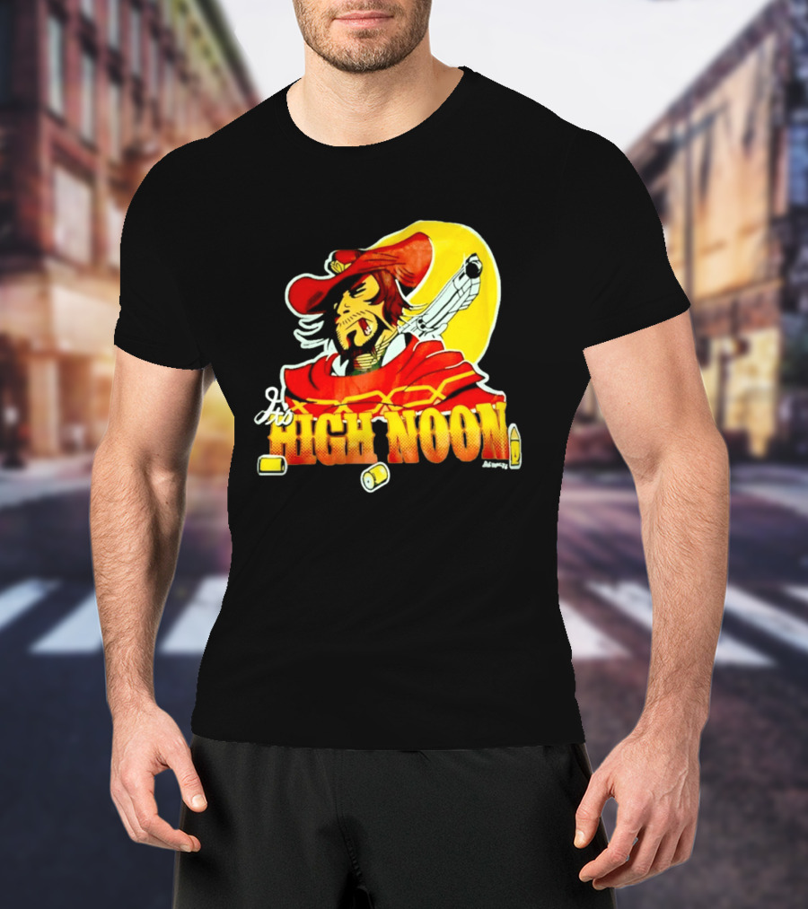 It's High Noon Cowboy With Red Cape And Pistol In Front Of Yellow Sun T-Shirt