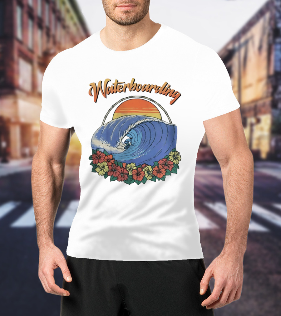 Waterboarding Surfing Tropical Hibiscus Flower Sunset Wave T-Shirt