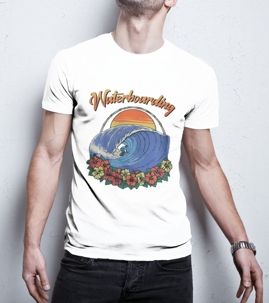 Waterboarding Surfing Tropical Hibiscus Flower Sunset Wave T-Shirt