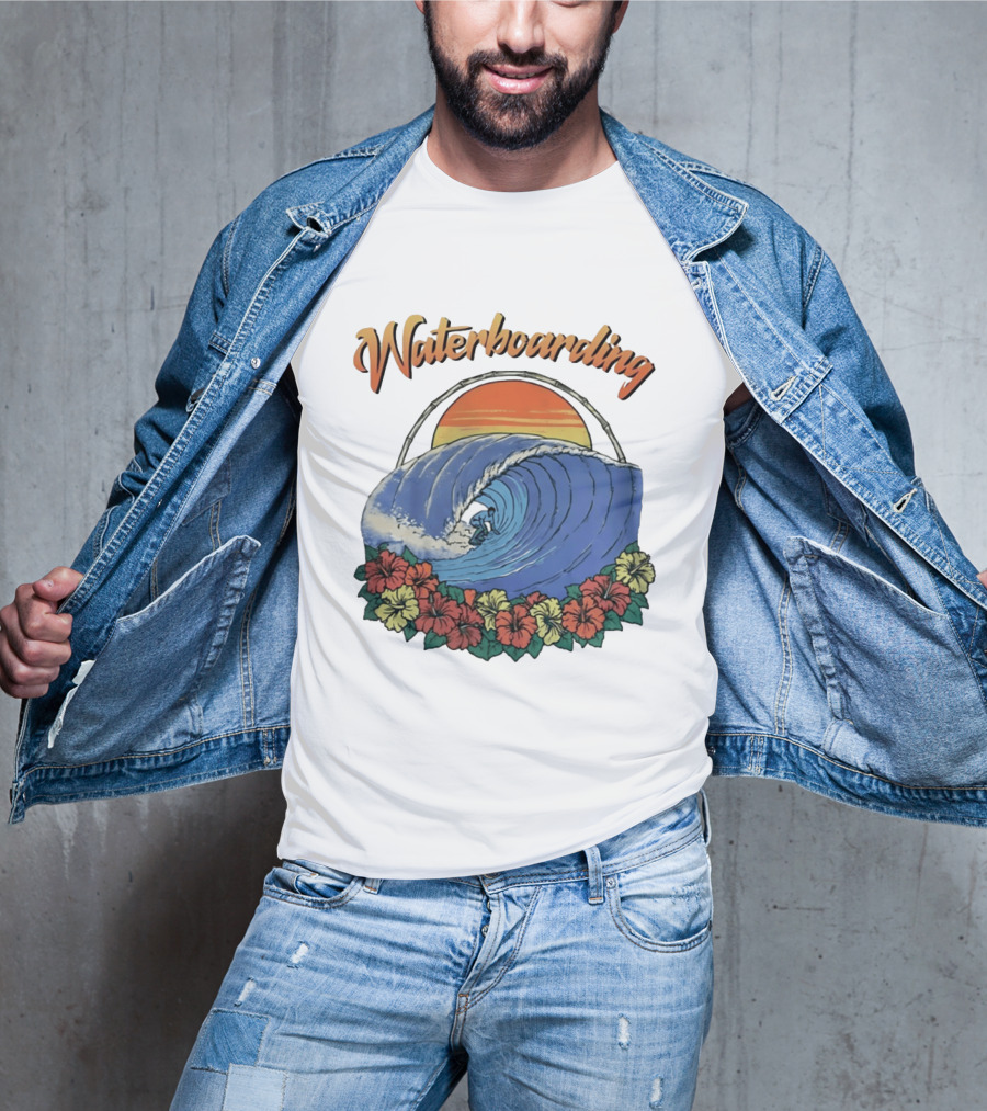 Waterboarding Surfing Tropical Hibiscus Flower Sunset Wave T-Shirt