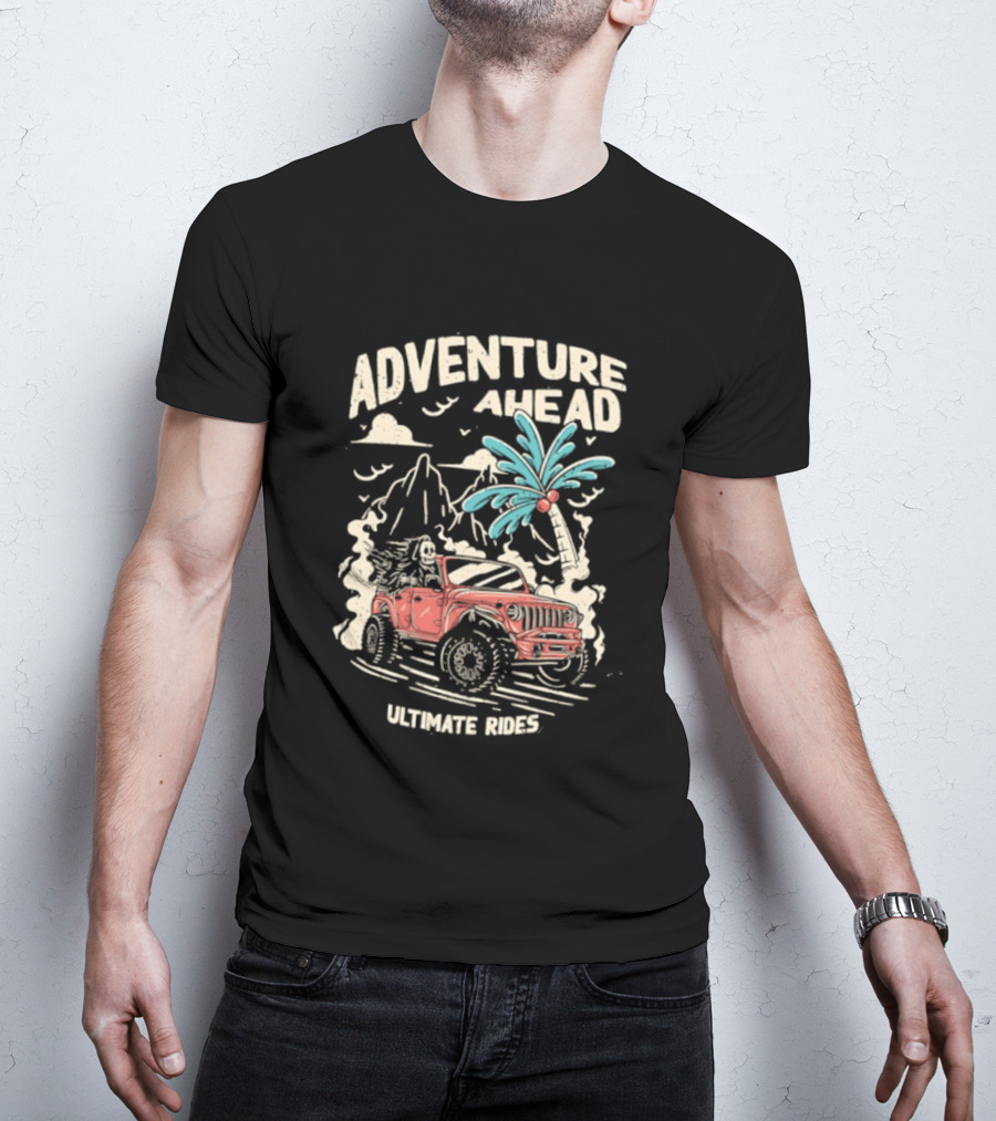 Adventure Ahead Ultimate Rides Jeep Beach Palm Trees Mountain T-Shirt