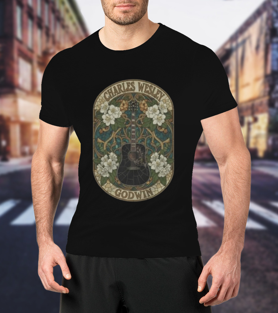 Charles Wesley Godwin Guitar Floral Art Nouveau Style With White Flowers T-Shirt