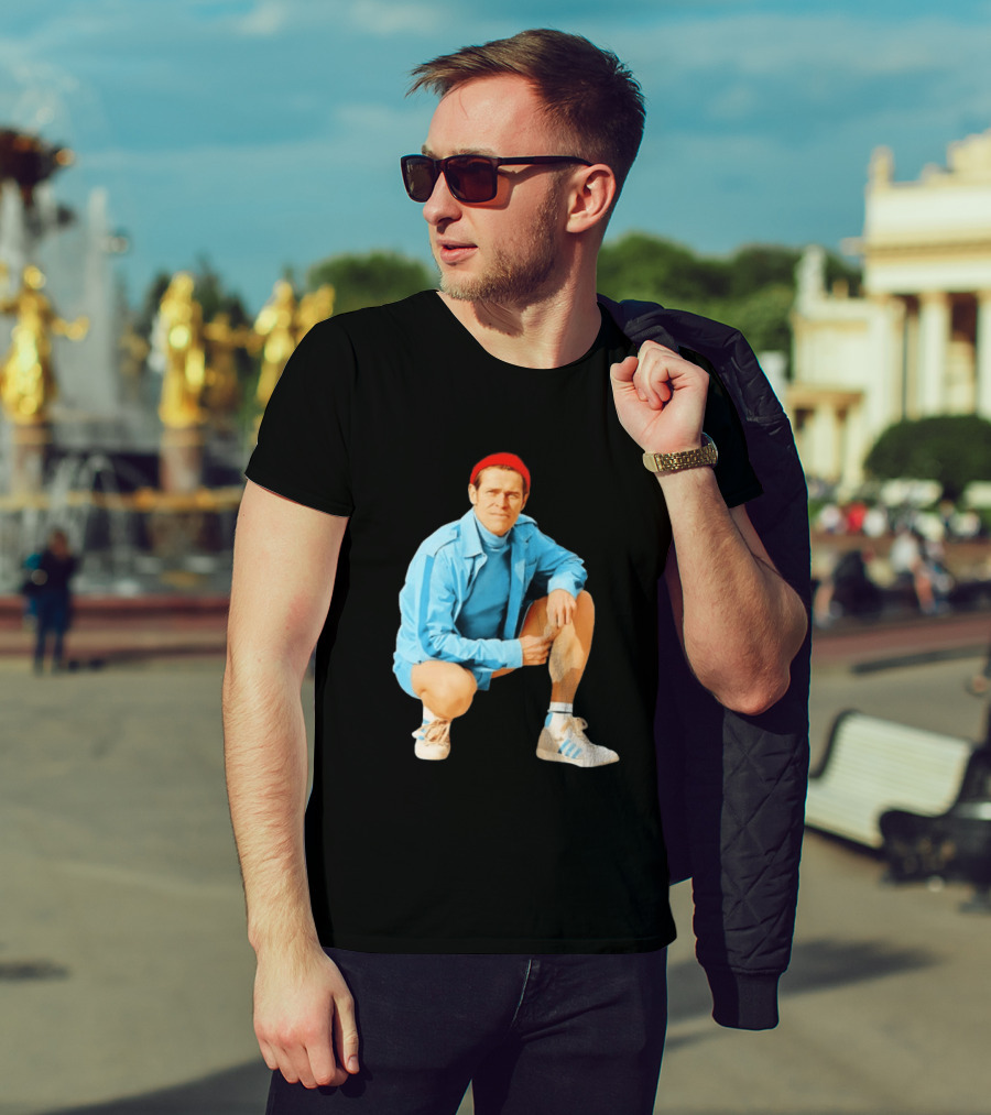 Klaus Willem Dafoe Retro Style With Red Beanie And Blue Tracksuit T-Shirt