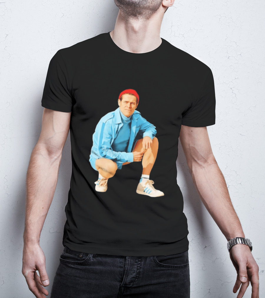 Klaus Willem Dafoe Retro Style With Red Beanie And Blue Tracksuit T-Shirt