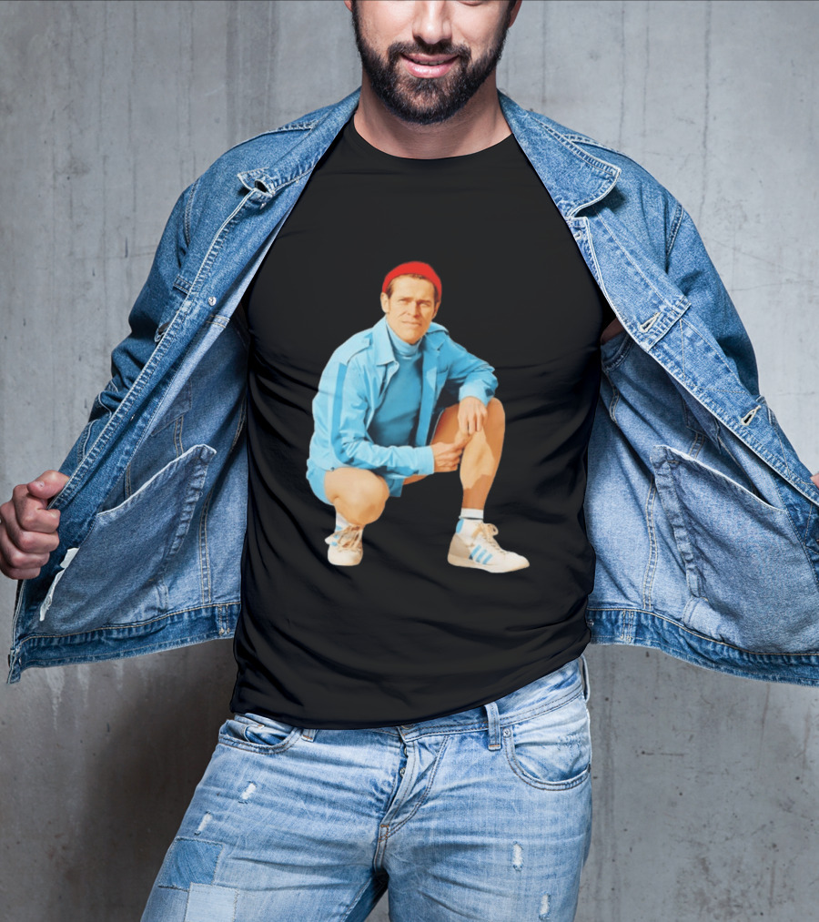 Klaus Willem Dafoe Retro Style With Red Beanie And Blue Tracksuit T-Shirt