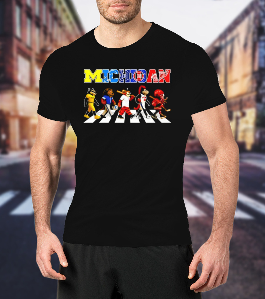 Michigan Sports Mascots Abbey Road Detroit Lions Pistons Tigers Red Wings Wolverine T-Shirt